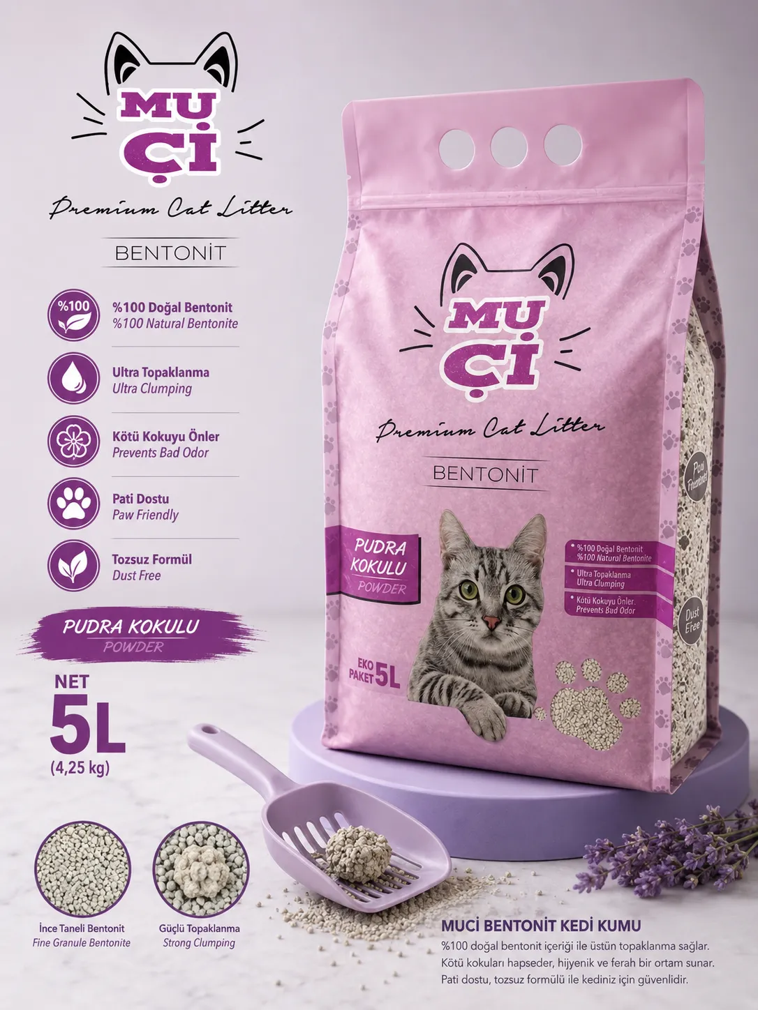 MUÇİ KEDİ KUMU PUDRA KOKULU 5LT